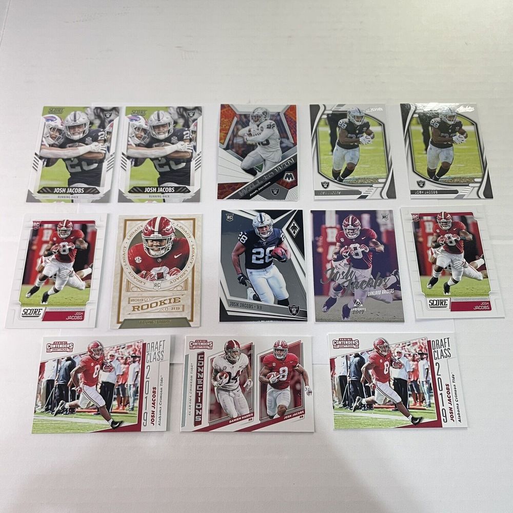 Lot of 13 Josh Jacobs Football Cards, Raiders, Crimson Tide, RC Rookie Phoenix